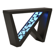 Right facing contemporary black W-shaped console table with LED accent lighting and a bird pattern on a white background