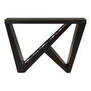 Front facing contemporary black W-shaped console table with LED accent lighting and a bird pattern on a white background