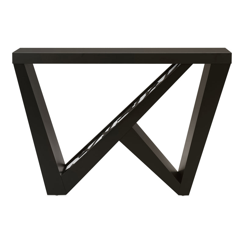 Front facing contemporary black W-shaped console table with LED accent lighting and a bird pattern on a white background