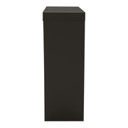 Front facing side view of a contemporary black W-shaped console table with LED accent lighting and a bird pattern on a white background