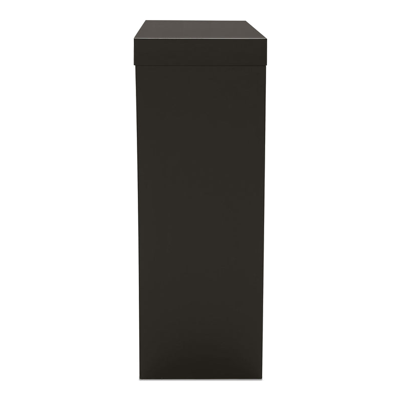 Front facing side view of a contemporary black W-shaped console table with LED accent lighting and a bird pattern on a white background