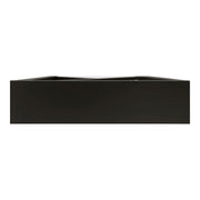 Front facing top view of a contemporary black W-shaped console table with LED accent lighting and a bird pattern on a white background