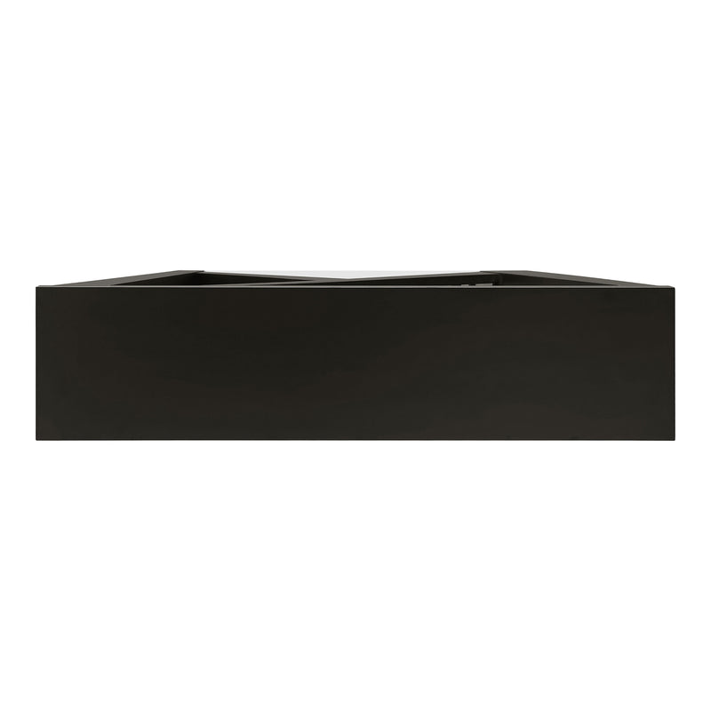 Front facing top view of a contemporary black W-shaped console table with LED accent lighting and a bird pattern on a white background