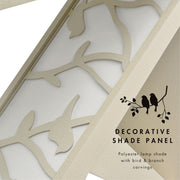 Informational image showing the decorative shade panel of a contemporary black W-shaped console table with LED accent lighting and a bird pattern
