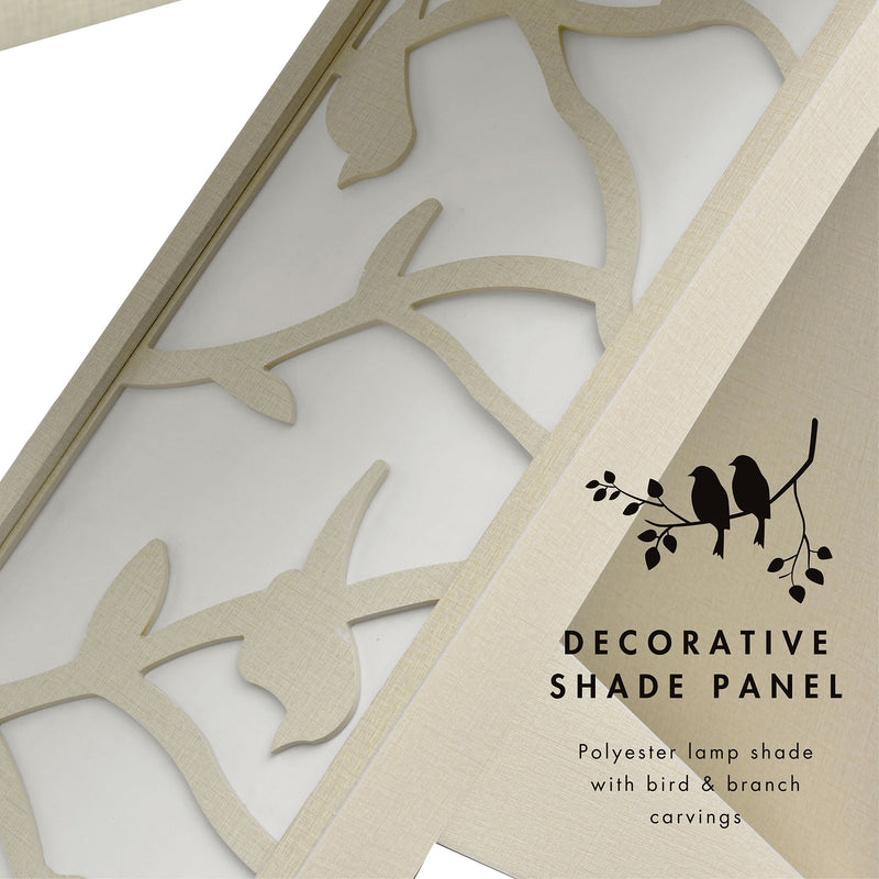 Informational image showing the decorative shade panel of a contemporary black W-shaped console table with LED accent lighting and a bird pattern