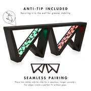 Informational image showing the seamless pairing of a contemporary black W-shaped console table with LED accent lighting and a bird pattern