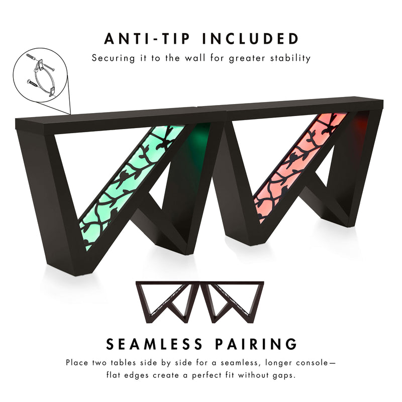 Informational image showing the seamless pairing of a contemporary black W-shaped console table with LED accent lighting and a bird pattern