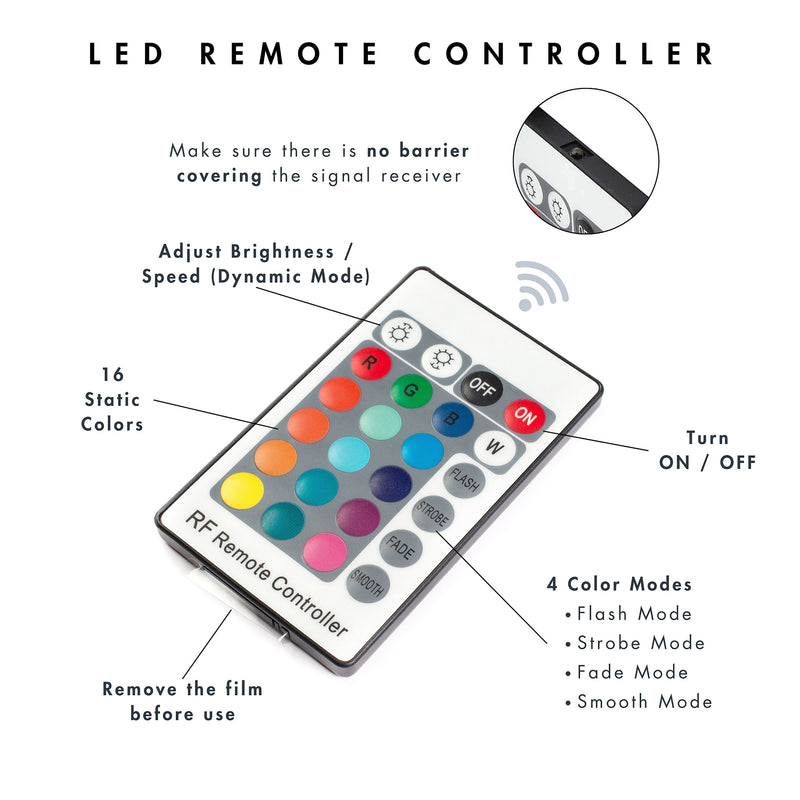 Informational image showing the LED remote control of a contemporary black W-shaped console table with LED accent lighting and a bird pattern