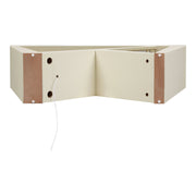 Front facing bottom view of a contemporary cream weave W-shaped console table with LED accent lighting and a bird pattern on a white background