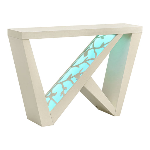 Right facing contemporary cream weave W-shaped console table with LED accent lighting and a bird pattern on a white background