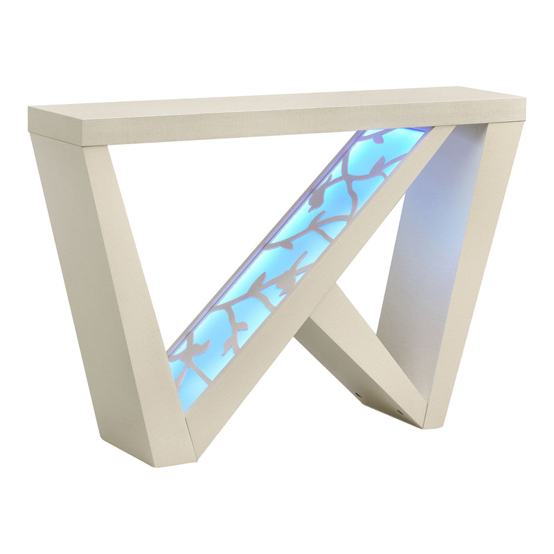 Right facing contemporary cream weave W-shaped console table with LED accent lighting and a bird pattern on a white background