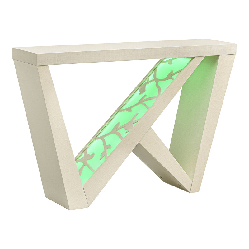 Right facing contemporary cream weave W-shaped console table with LED accent lighting and a bird pattern on a white background