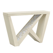 Right facing contemporary cream weave W-shaped console table with LED accent lighting and a bird pattern on a white background
