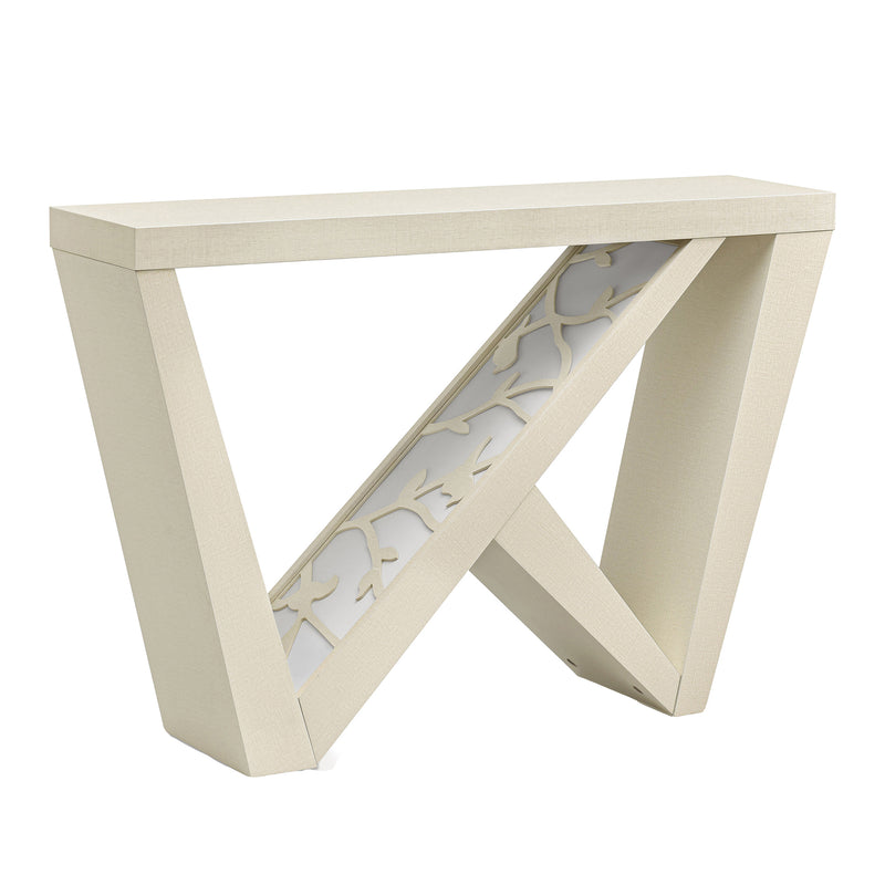 Right facing contemporary cream weave W-shaped console table with LED accent lighting and a bird pattern on a white background