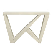 Front facing contemporary cream weave W-shaped console table with LED accent lighting and a bird pattern on a white background