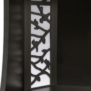 Right facing close up view of the decorative shade panel on a contemporary black five-shelf curved corner bookcase with LED lighting on a white background