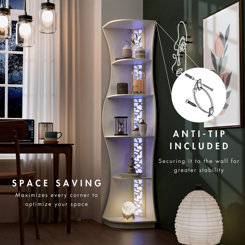 Informational image showing the space savings of a contemporary black five-shelf curved corner bookcase with LED lighting