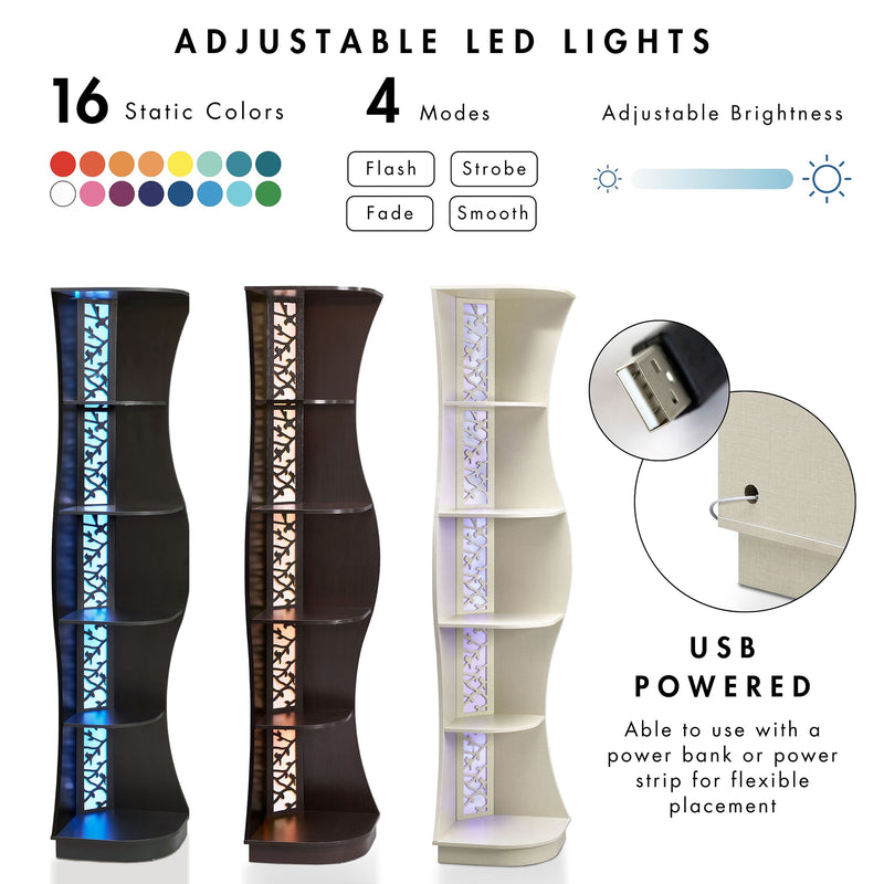 Informational image showing the adjustable LED lights of a contemporary black five-shelf curved corner bookcase with LED lighting