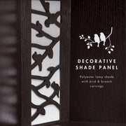 Informational image showing the decorative shade panel of a contemporary black five-shelf curved corner bookcase with LED lighting