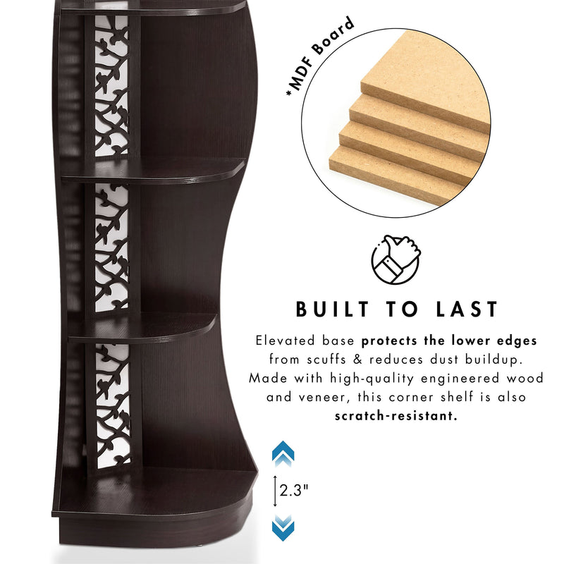 Informational image showing the durable construction of a contemporary black five-shelf curved corner bookcase with LED lighting