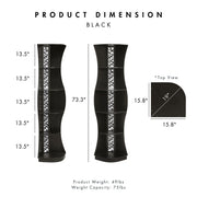 Informational image showing the product dimensions of a contemporary black five-shelf curved corner bookcase with LED lighting