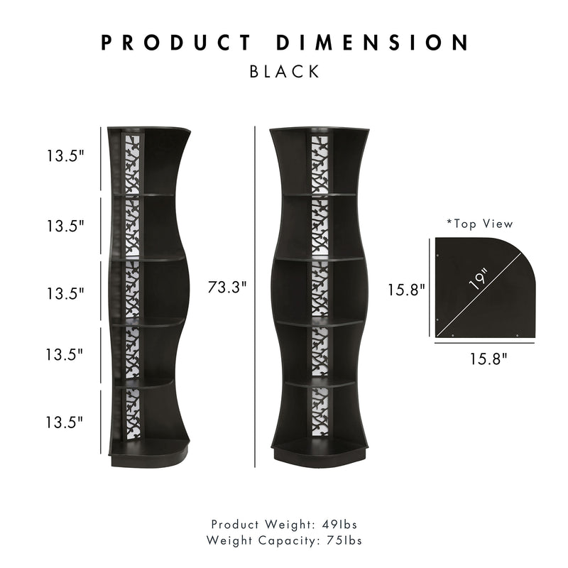 Informational image showing the product dimensions of a contemporary black five-shelf curved corner bookcase with LED lighting