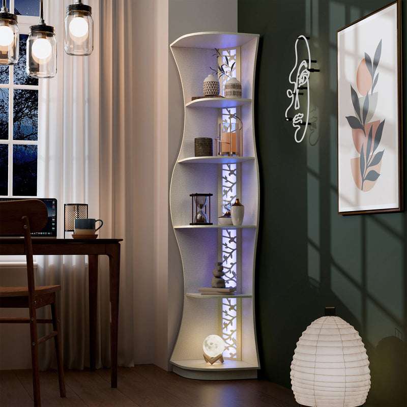 Left facing contemporary cream weave five-shelf curved corner bookcase with LED lighting in a room with accessories