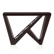 Front facing contemporary red cocoa W-shaped console table with LED accent lighting and a bird pattern on a white background