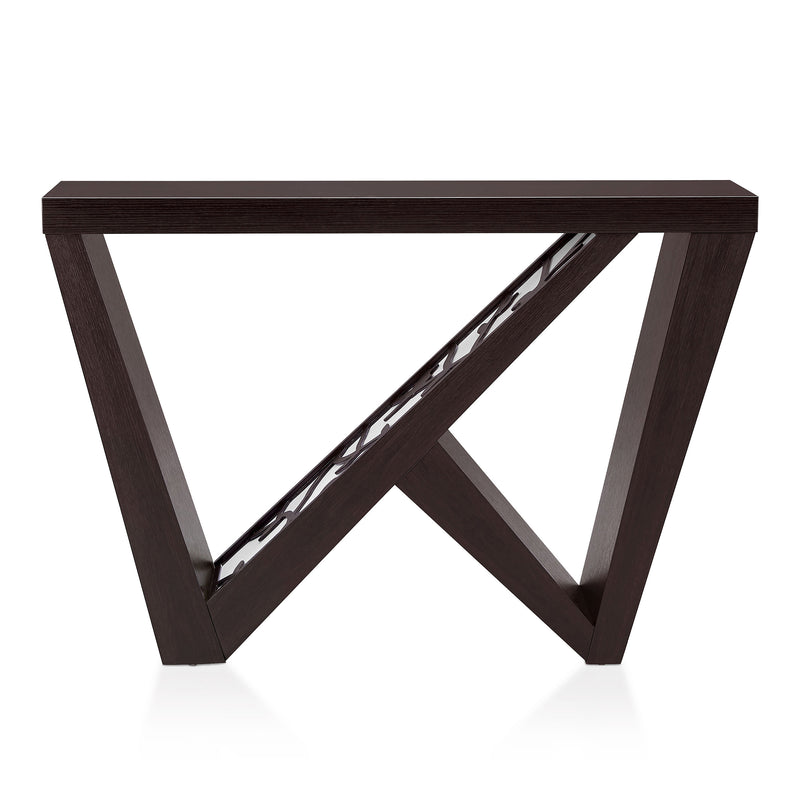 Front facing contemporary red cocoa W-shaped console table with LED accent lighting and a bird pattern on a white background