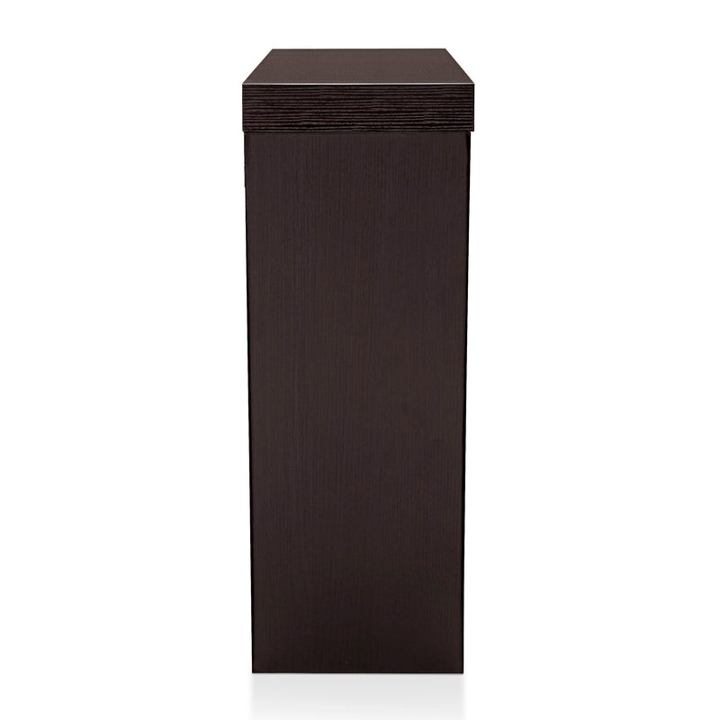 Front facing side view of a contemporary red cocoa W-shaped console table with LED accent lighting and a bird pattern on a white background