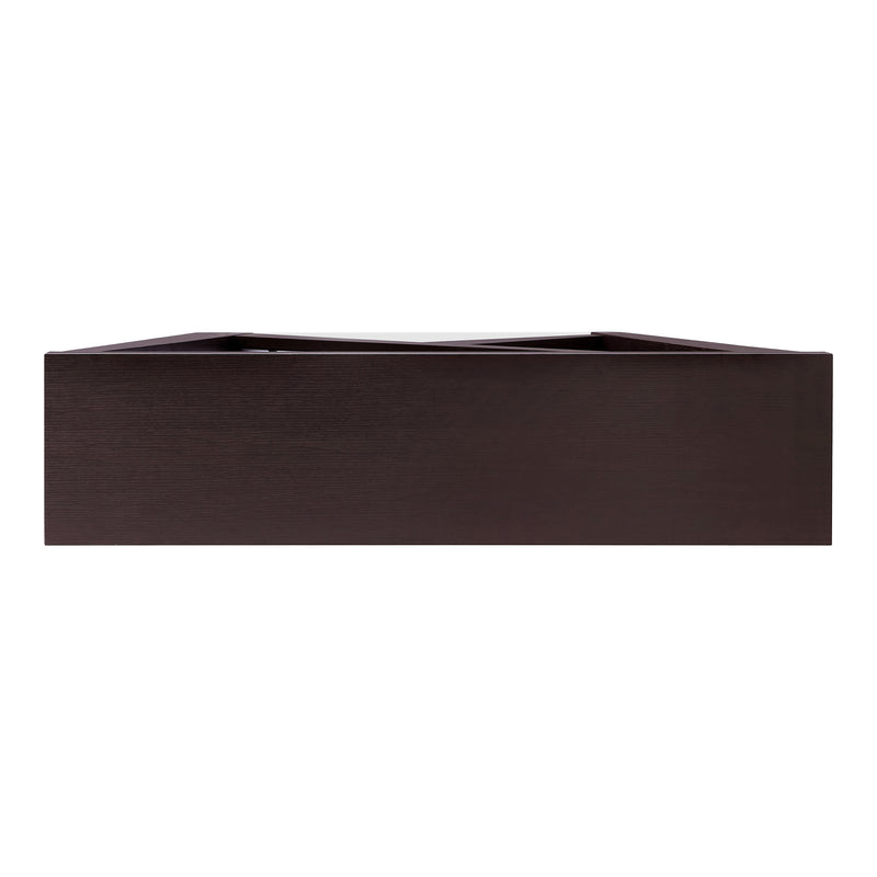 Front facing top view of a contemporary red cocoa W-shaped console table with LED accent lighting and a bird pattern on a white background