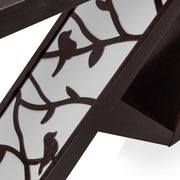 Right facing close up view of the decorative shade panel of a contemporary red cocoa W-shaped console table with LED accent lighting and a bird pattern on a white background