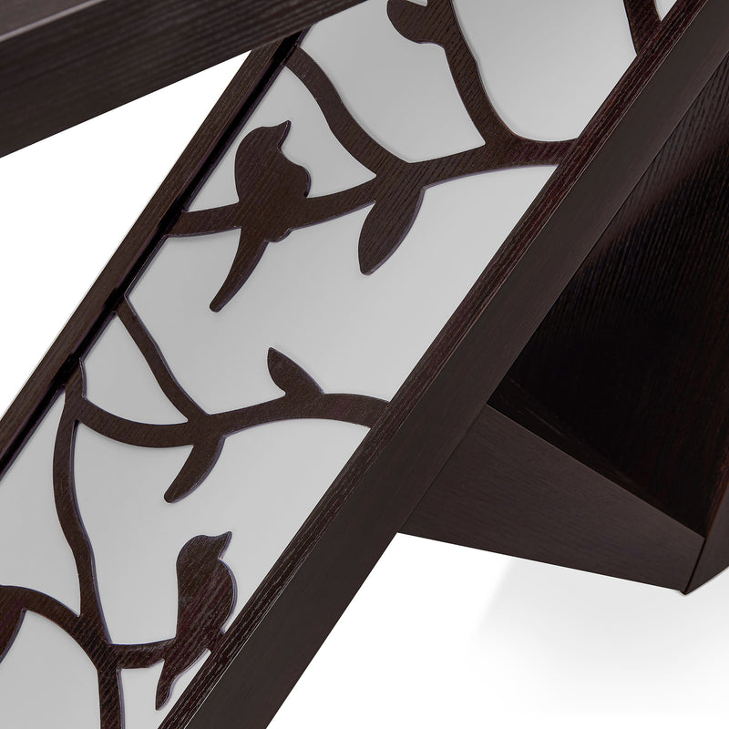 Right facing close up view of the decorative shade panel of a contemporary red cocoa W-shaped console table with LED accent lighting and a bird pattern on a white background
