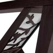 Left facing close up view of the decorative shade panel of a contemporary red cocoa W-shaped console table with LED accent lighting and a bird pattern on a white background