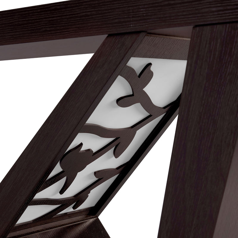 Left facing close up view of the decorative shade panel of a contemporary red cocoa W-shaped console table with LED accent lighting and a bird pattern on a white background