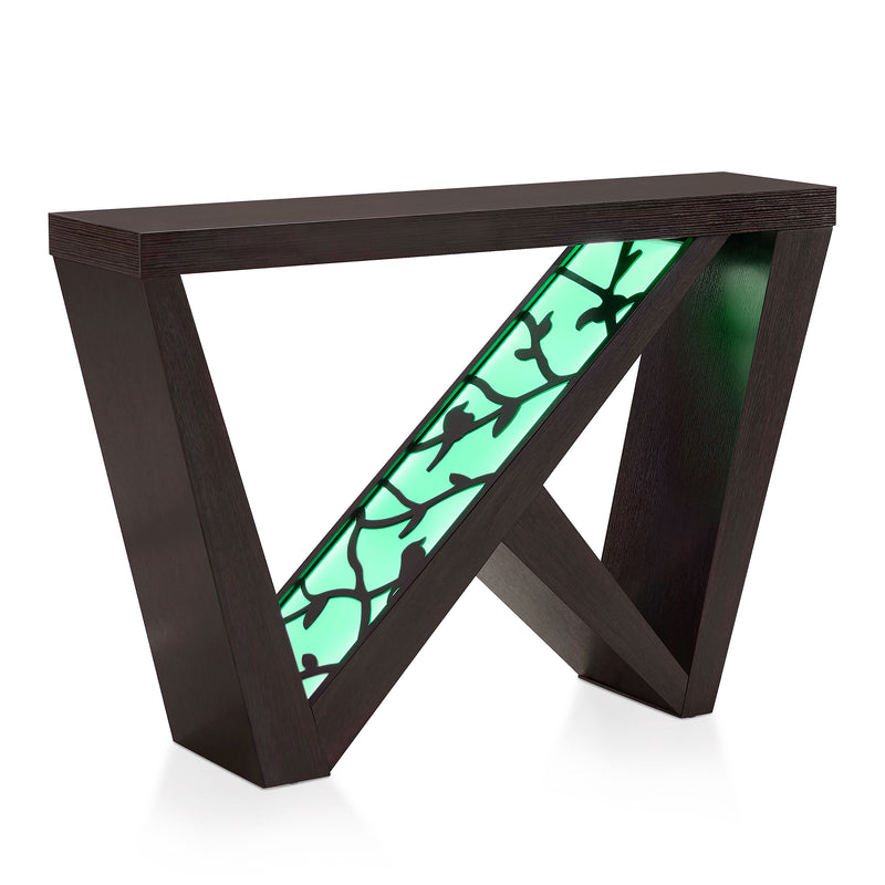 Right facing contemporary red cocoa W-shaped console table with LED accent lighting and a bird pattern on a white background