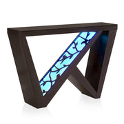 Right facing contemporary red cocoa W-shaped console table with LED accent lighting and a bird pattern on a white background