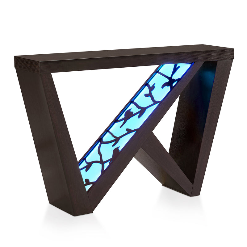 Right facing contemporary red cocoa W-shaped console table with LED accent lighting and a bird pattern on a white background