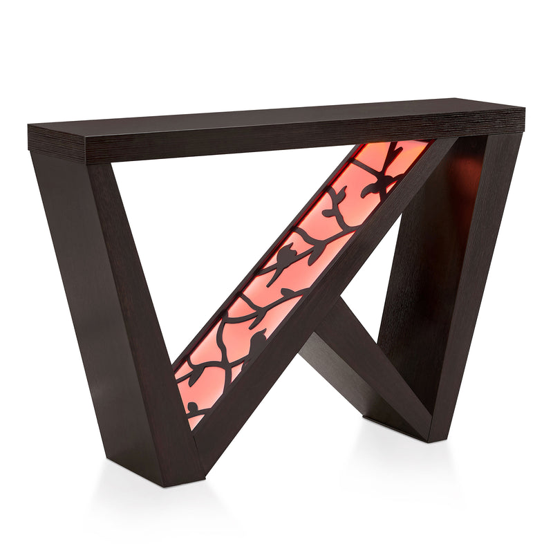 Right facing contemporary red cocoa W-shaped console table with LED accent lighting and a bird pattern on a white background