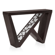 Right facing contemporary red cocoa W-shaped console table with LED accent lighting and a bird pattern on a white background