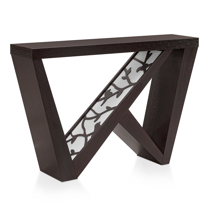 Right facing contemporary red cocoa W-shaped console table with LED accent lighting and a bird pattern on a white background