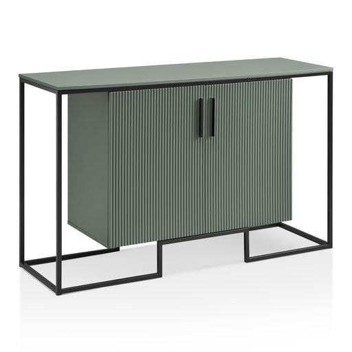 Right facing contemporary sage green and black two-door buffet on a white background