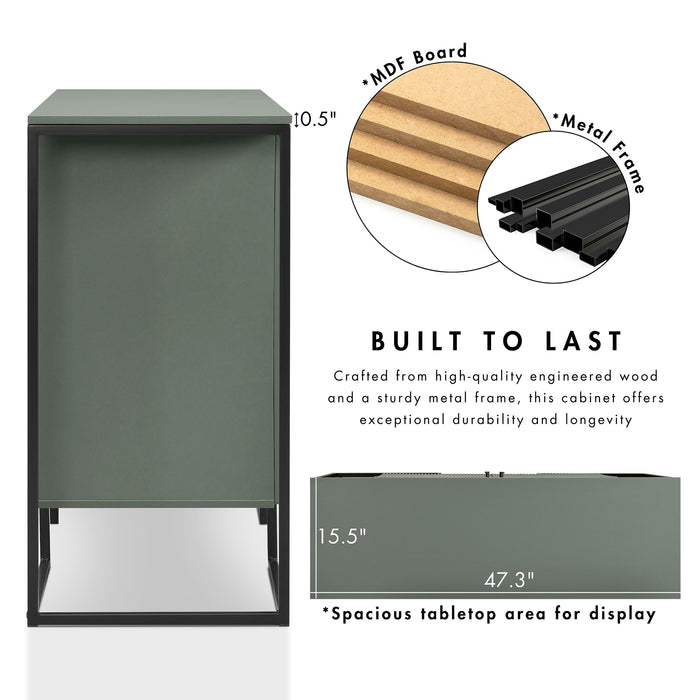 Informational image showing the durable construction of a contemporary sage green and black two-door buffet