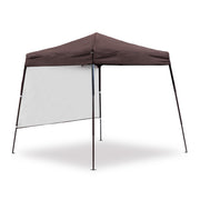 Right facing transitional burgundy outdoor pop-up canopy with one shade wall on a white background