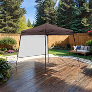 Right facing transitional burgundy outdoor pop-up canopy with one shade wall on a patio with accessories