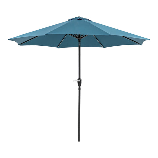 Front facing contemporary blue outdoor auto tilt umbrella with a carrying case on a white background
