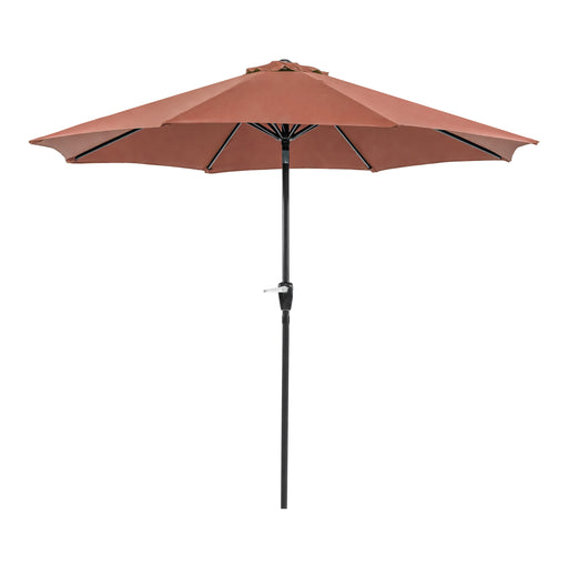 Front facing contemporary red outdoor auto tilt umbrella with a carrying case on a white background