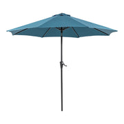 Front facing contemporary blue outdoor auto tilt umbrella with a carrying case on a white background