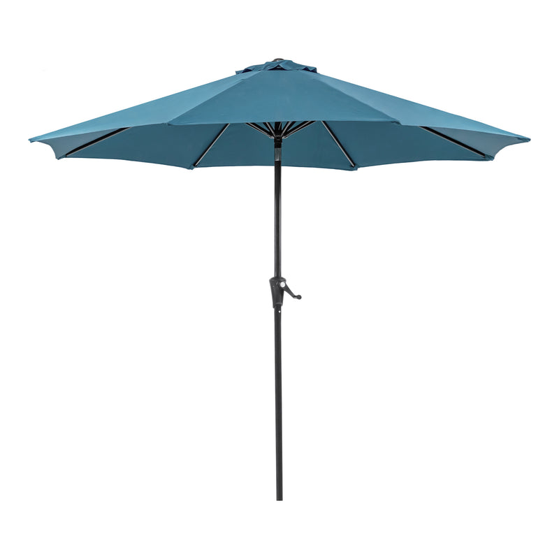 Front facing contemporary blue outdoor auto tilt umbrella with a carrying case on a white background