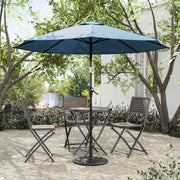 Front facing contemporary blue outdoor auto tilt umbrella with a carrying case on a patio with accessories